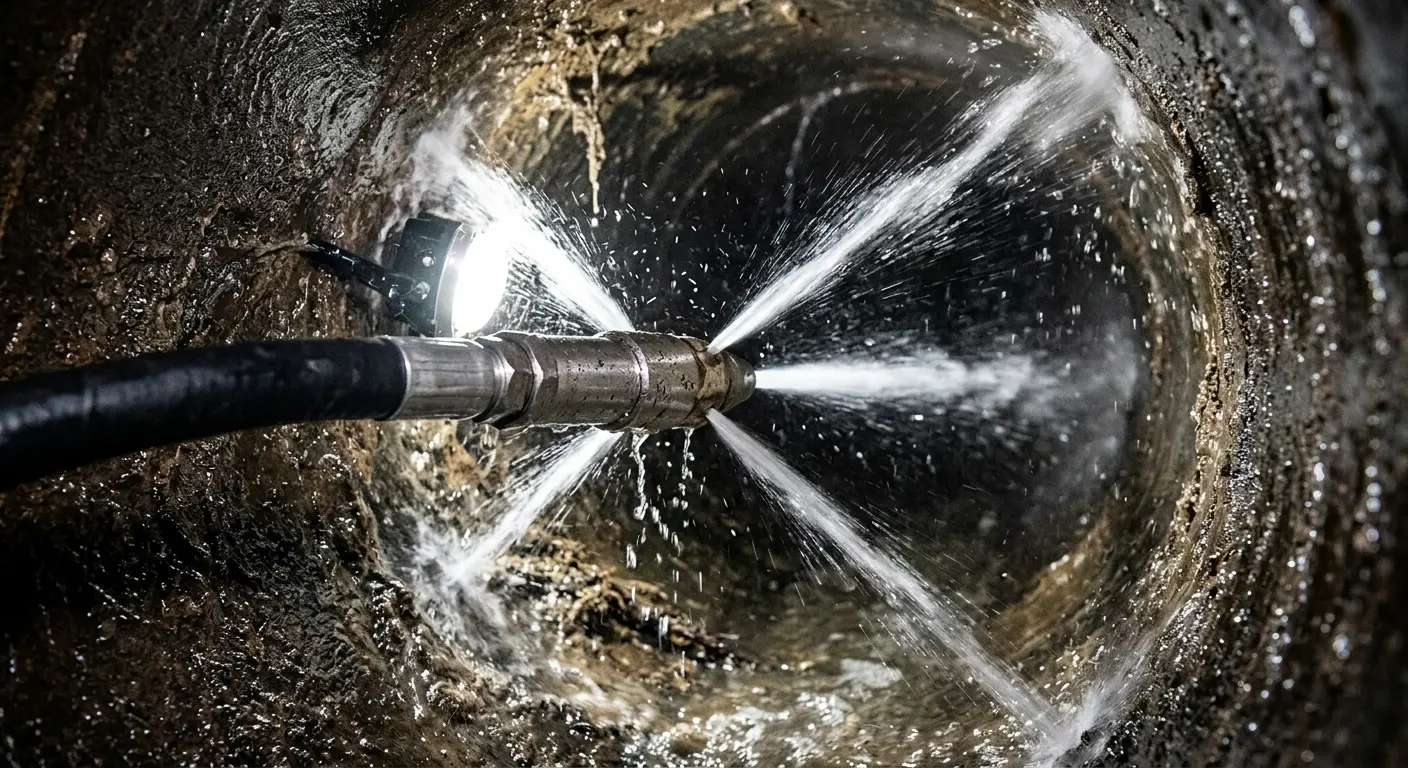High-pressure hydro jetting nozzle cleaning sewer pipe for Sewer Cleanout in Weymouth Town