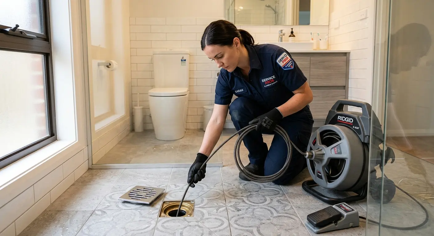 Technician clearing a bathroom floor drain for Clogged Drain Repair in Weymouth Town